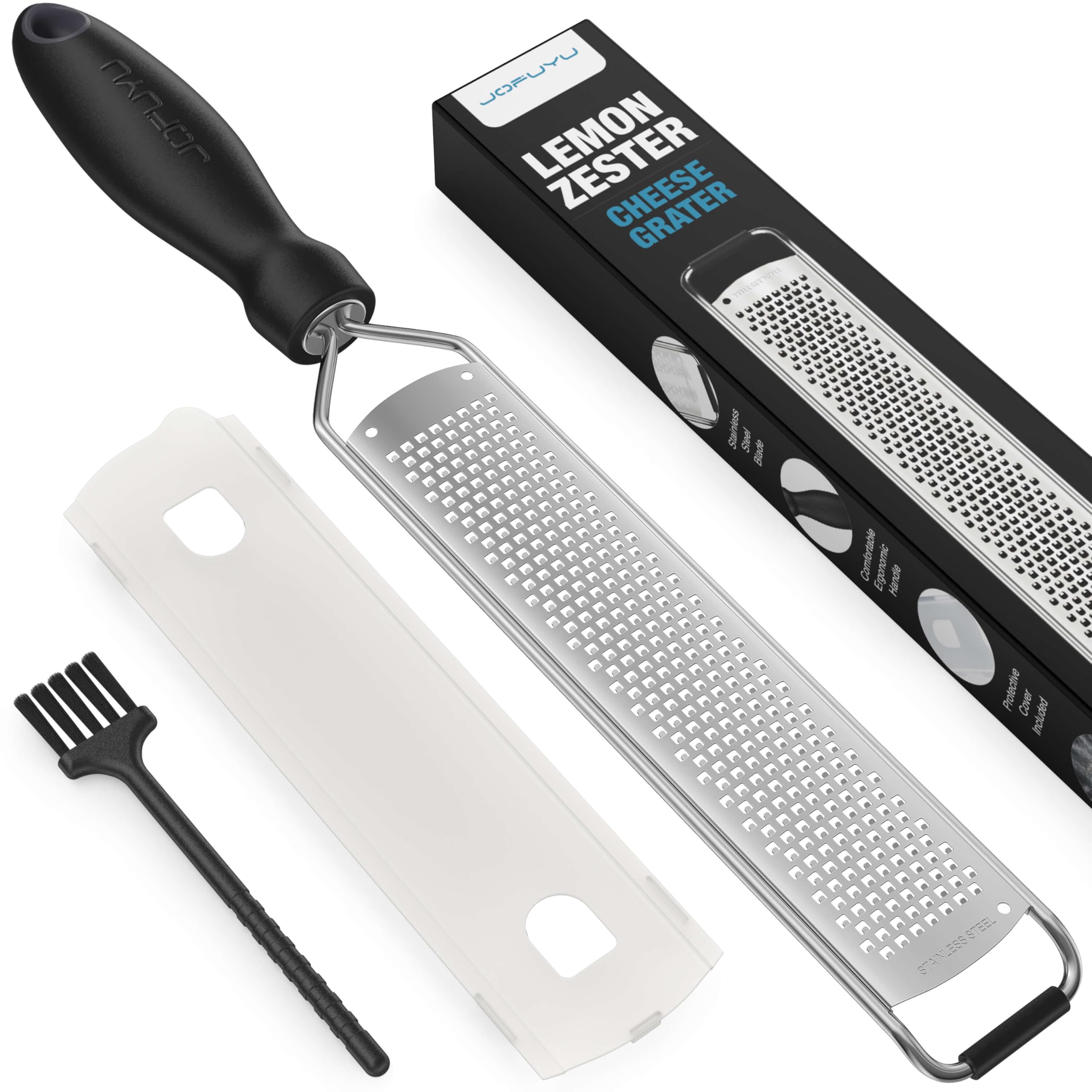 Photo 1 of Lemon Zester & Cheese Grater – Sharp Stainless Steel Grater for Citrus, Parmesan, Garlic, Chocolate & Ginger, Non-Slip Grip, Safety Cover & Cleaning Brush