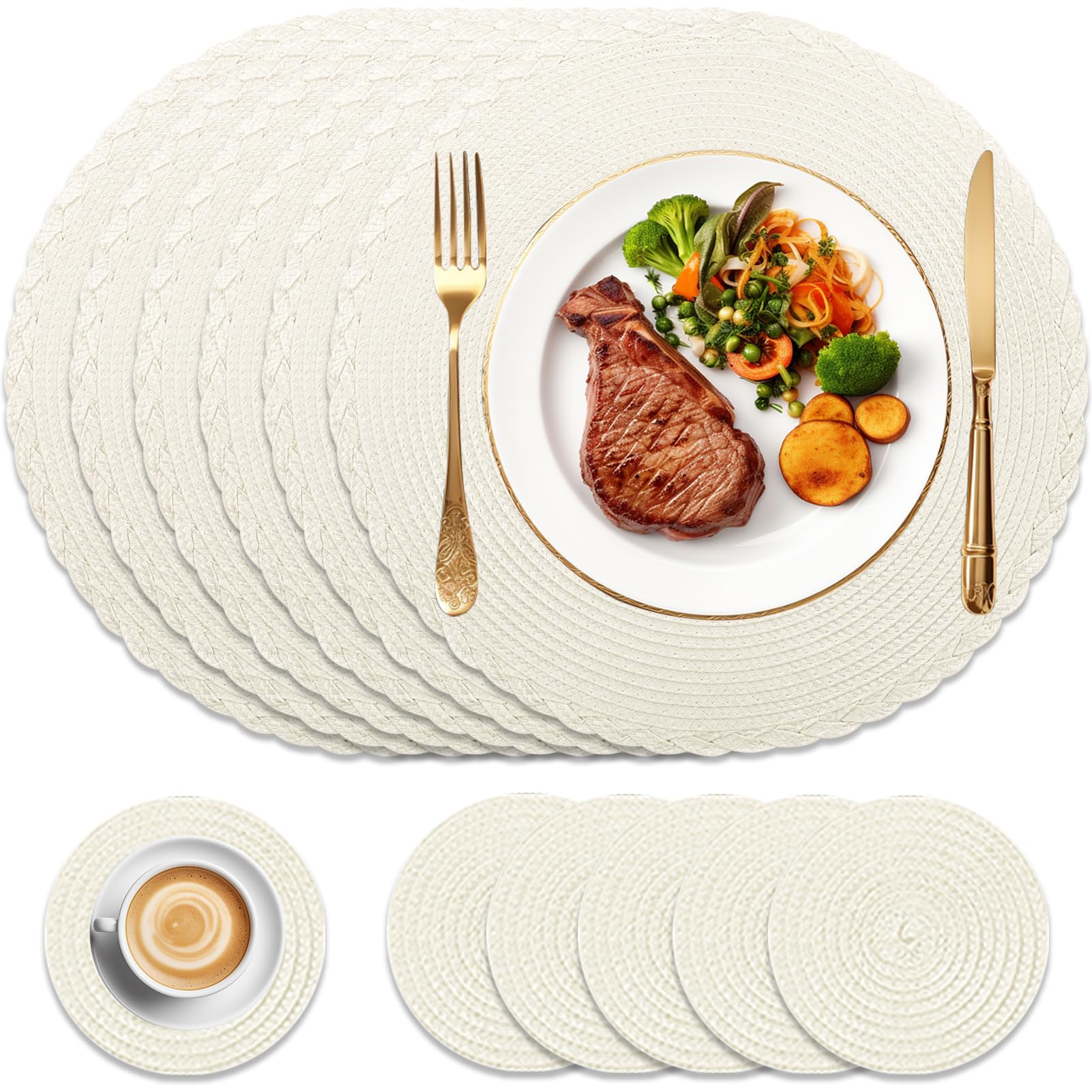 HEYOMART Round Placemats and Coasters Set of 6, Braided Woven Placemats Washable Heat Resistant Table Mats for Kitchen Dining Table Home Restaurant, Beige