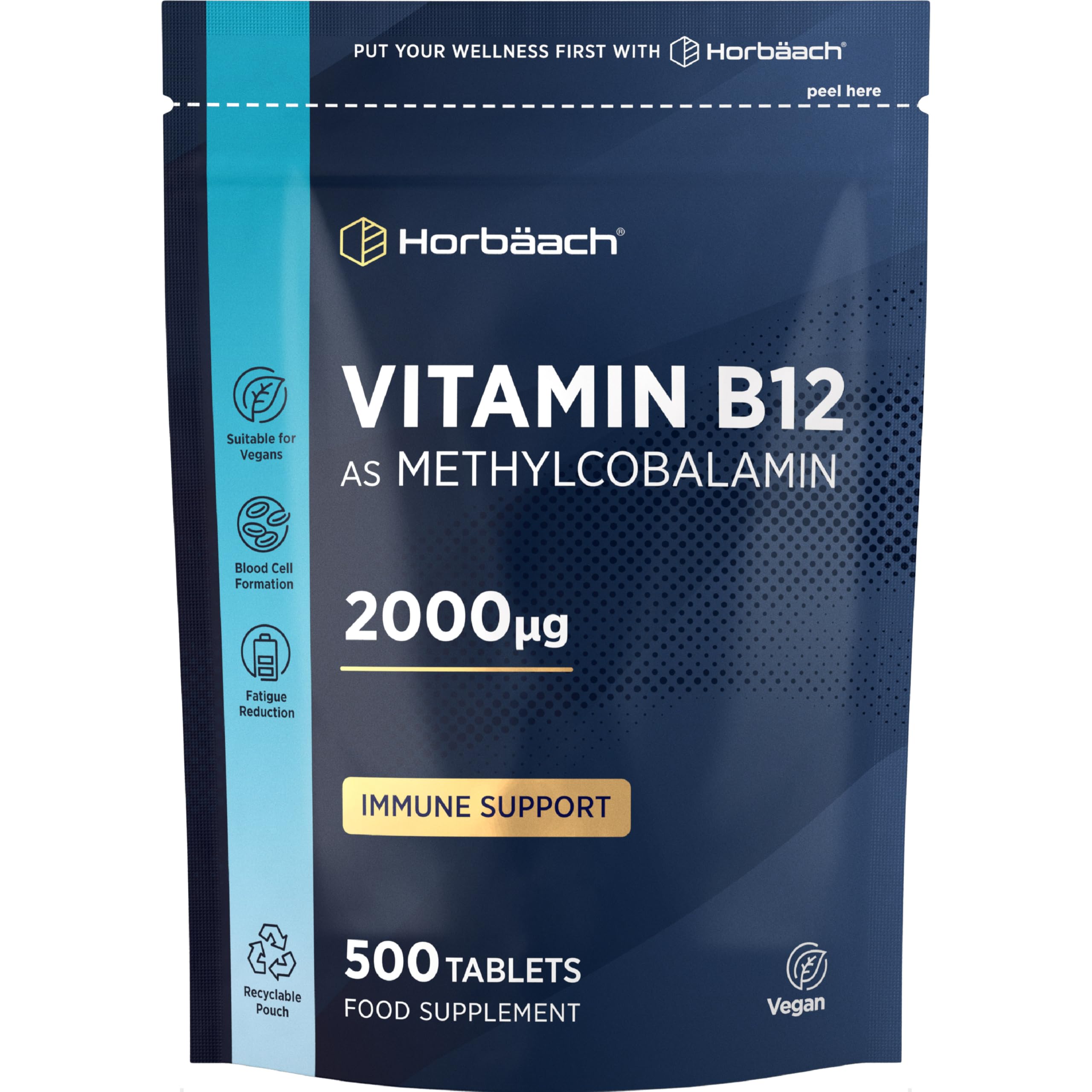 Vitamin B12 Tablets High Strength 2000ug | 500 Vegan Tablets | Methylcobalamin | by Horbaach