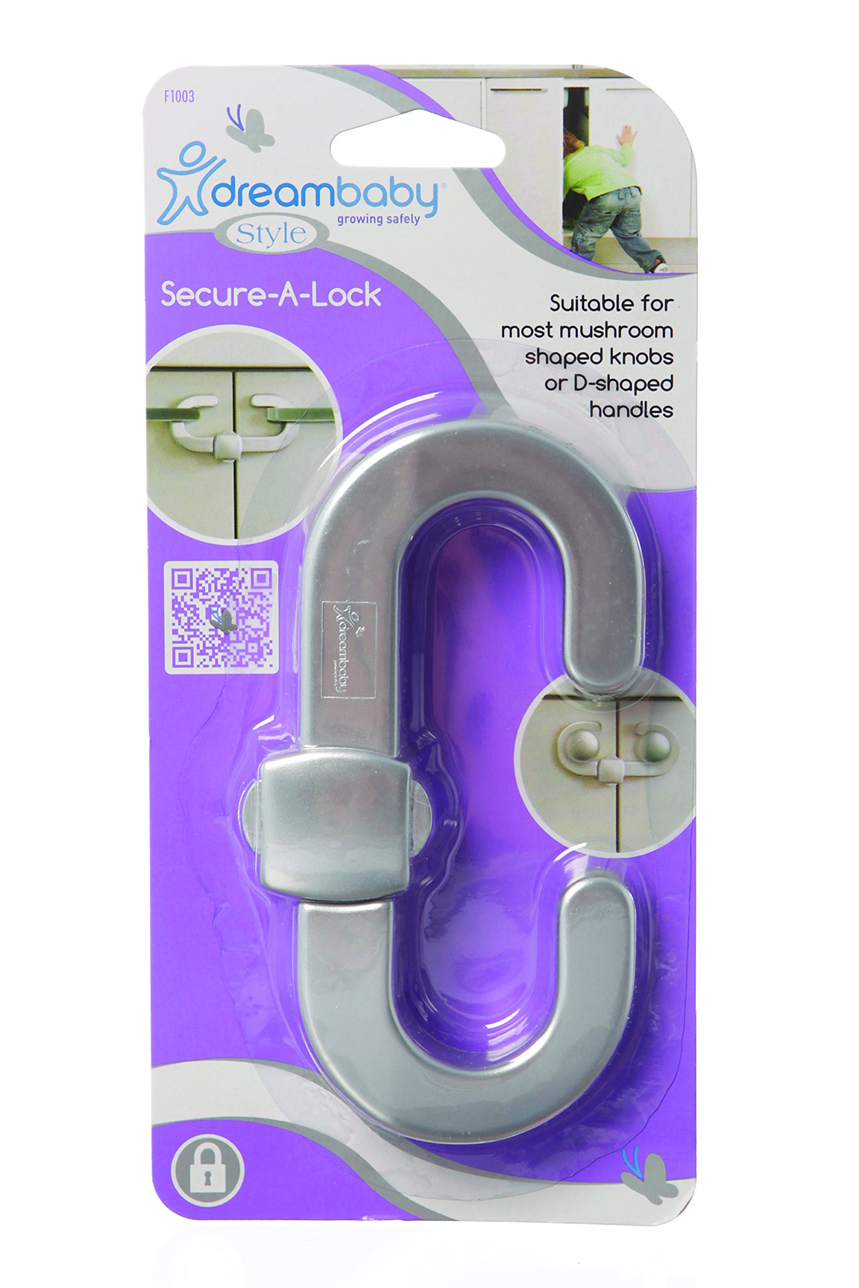 Dreambaby Secure -A- Cabinet Handles & Knobs Security Locks - Child Proof Sliding Safety Locks -Silver - Model F1003