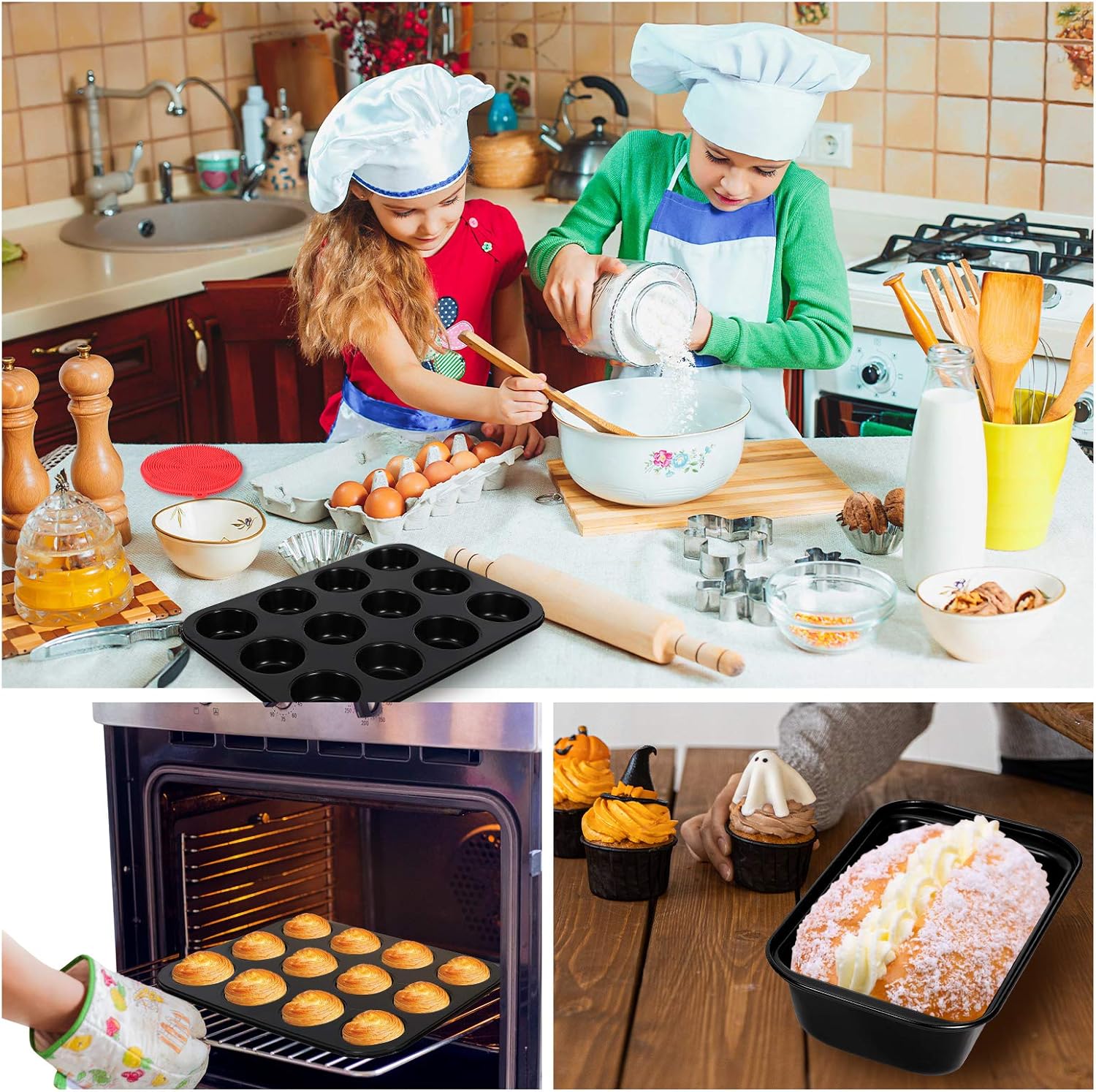5 Pcs Nonstick Bakeware Set, Carbon Steel Baking Set Include Loaf Pan, Cookie Sheet, Loaf Pan, Square Pan, Round Cake Pan, 12 Cups Muffin Pan, 2 Mini Oven Mitts, 1 Round Dish Sponge and 1 Basting Brush: Kitchen & Dining
