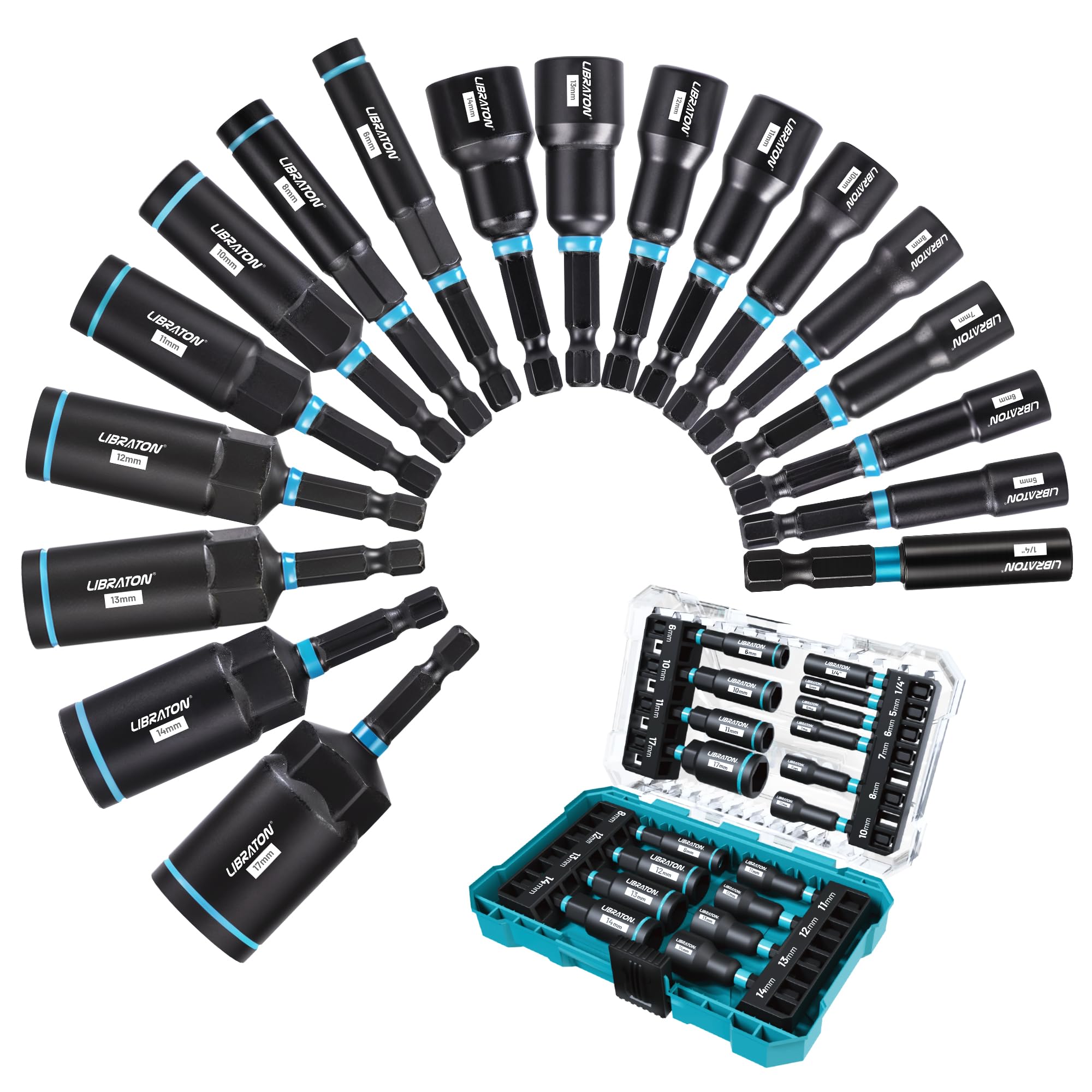 LIBRATON 24 Magnetisches Steckschlüssel-Set, Schlagbohrschrauber-Bit-Set 1/4 Zoll, Metrische und SAE Magnet Stecknuss für Schlagbohrmaschinen, Stecknuss Adapter, Bithalter, Bohrer, mit Werkzeugkasten