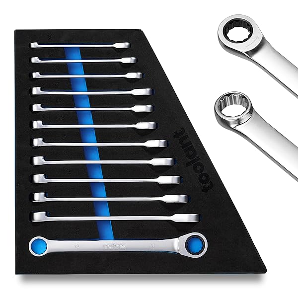 TOOLANT 12PCS RATCHETING WRENCH SET, OFFSET HEAD DOUBLE BOX-END RATCHETING WRENCH SET, 8-19MM METRIC SET, 90-TOOTH AND 4° SWING, WITH STORAGE TRAY