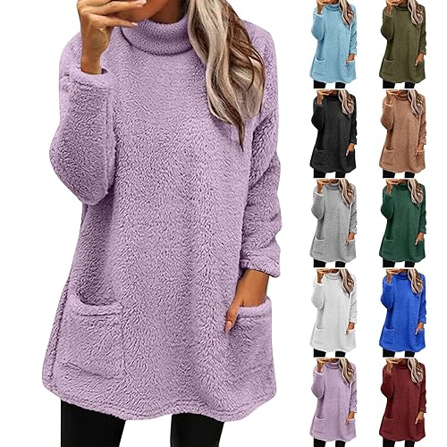 Fleece Sweatshirts for Women UK Teddy Fleece Longline Sweatshirts Lightweight Loose Knitted Jumper Plus Size Long Sleeve Winter Cosy Tops Crewneck Tunic Tops Pullover Sweaters with Pockets