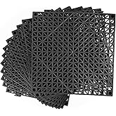 MYFAMIREA Modular Interlocking Cushion 12 Pack 11.8" x 11.8" Rubber Floor Tiles Non-Slip Splicing Drainage Mats for Deck, Pool, Outdoor Shower, Patio, Balcony, Indoor Bathroom, Kitchen, Yard (Black)