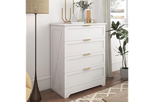 FTZXHKLX White 4 Drawer Dresser for Bedroom, Tall Bedroom Dresser with Large Drawer & Golden Handles, Wooden Storage Organizer Cabinet Chest of Drawer for Closet, Living Room, Hallway, Children's Room