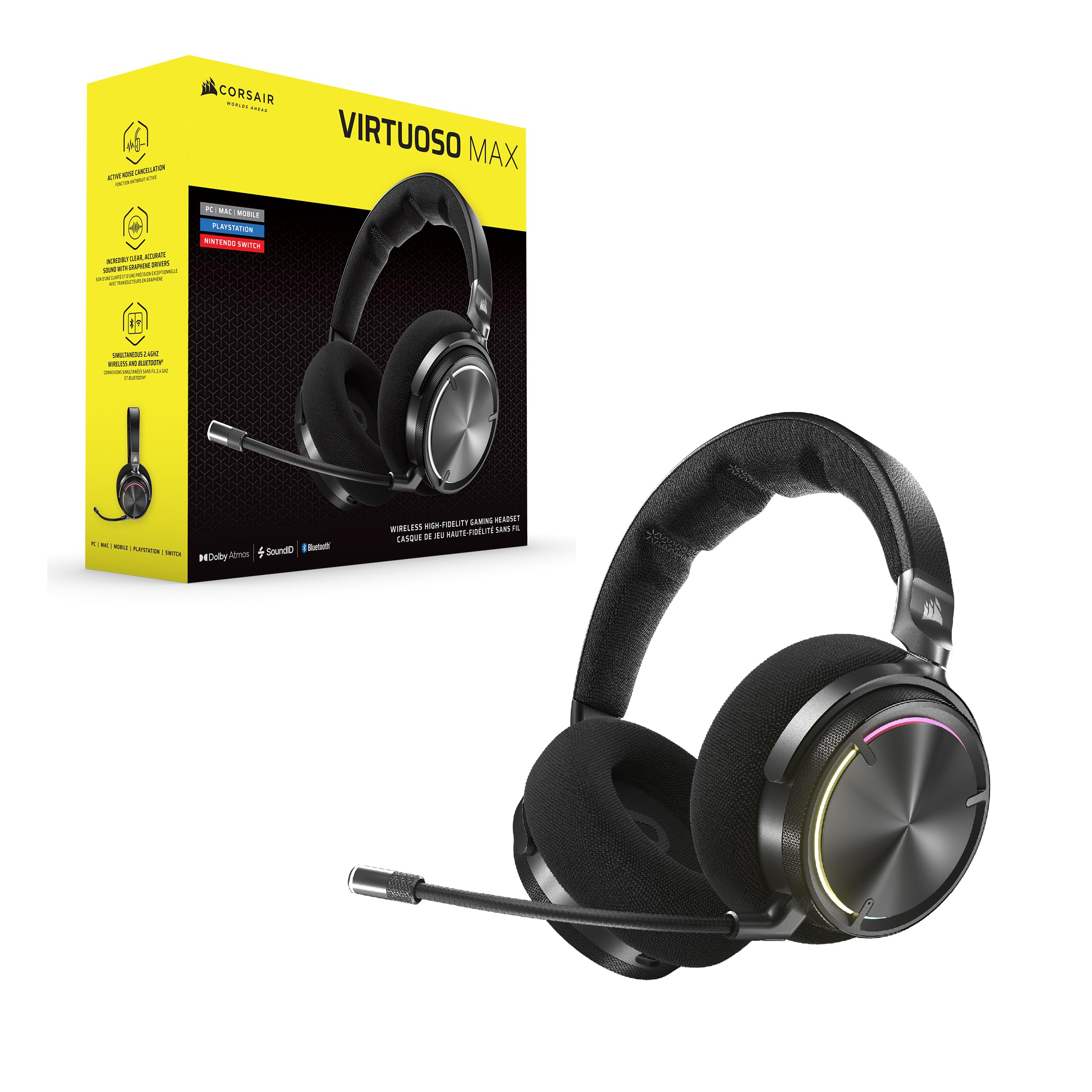 Corsair Virtuoso MAX Wireless Gaming Headset – Dolby Atmos, Active Noise Cancelling, Sonarworks SoundID, Simultaneous 2.4GHz Wireless & Bluetooth, 50mm Graphene Drivers, PC, Mac, PS5/PS4 – Carbon