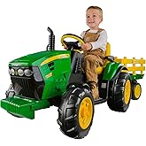 Peg Perego John Deere Ground Force Extra-Large 12 volt Ride-On Tractor with Trailer &amp; FM Radio, Durable Design for Kids Ages 3-7