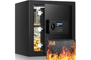 POVANJE 1.7 Cuft Fireproof Home Safe Box, LCD Fireproof Waterproof Safe Box With Combination Lock, Digital Keypad, Anti-Theft Alarm Security Fire Safe For Money Ammo Cash Valuables