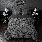 Feelyou Adults Gothic Moth Skull Bedding Set Queen Size Goth Dark Olive Green Vintage Damask Floral Comforter Set 7 Pieces Oriental Antique Comforters Bed in a Bag