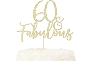 LOVENJOY 60 and Fabulous Cake Topper Gold Glitter for 60th Birthday Party Cake Decoration Glittery