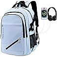 FENGDONG 17.3 inch Large Laptop Backpack Durable Waterproof Travel College Backpack Bookbag for Men & Women Business Backpack with USB Charging Port,Headset Port Light Blue