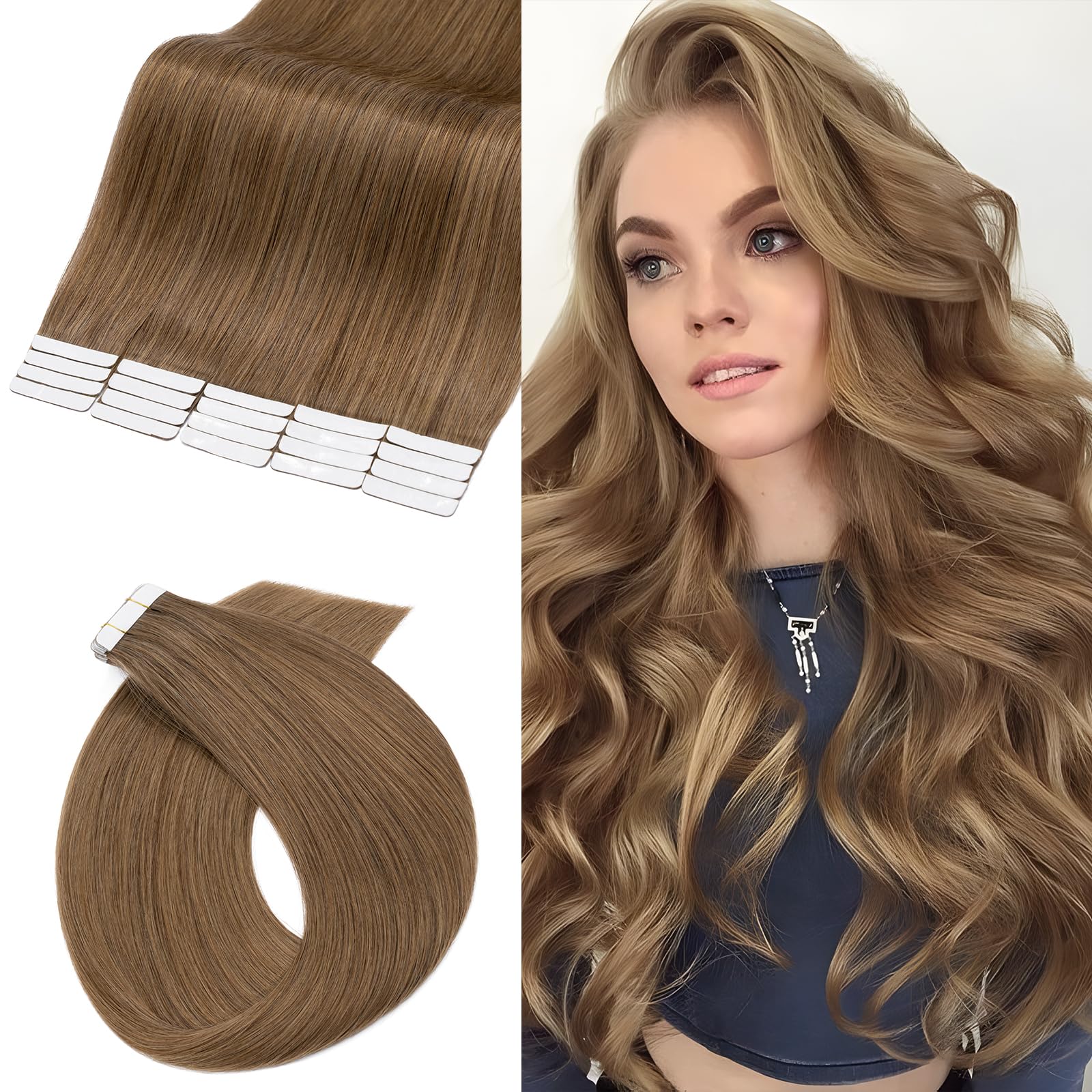 UK-Fashion-Shop Tape Hair Extensions 20 PCS 40g 14 inch 6 Light Brown Real Hair Remy Hair pieces Full Head Straight Natural Invisible — image 1