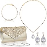 Tiamon 4 Pcs Women Rhinestone Jewelry Set | Floral Crystal Teardrop, Necklace Earrings Bracelet Bangle Handbag, Chain Strap, Bridal Weddings Party Evening Formal