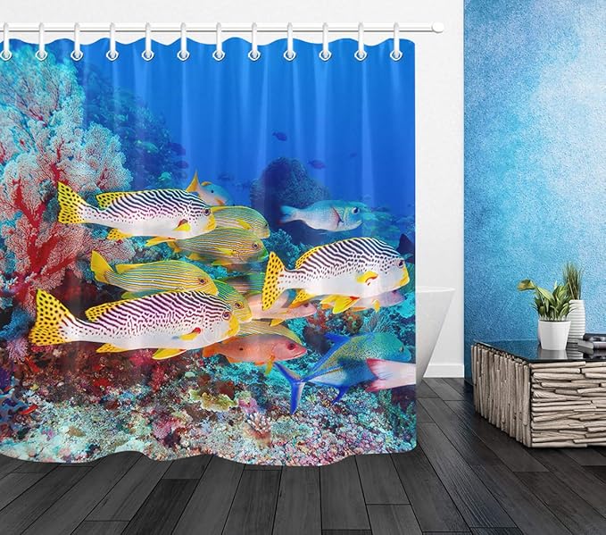 HVEST Fabric Tropical Fish Shower Curtain Set Colorful