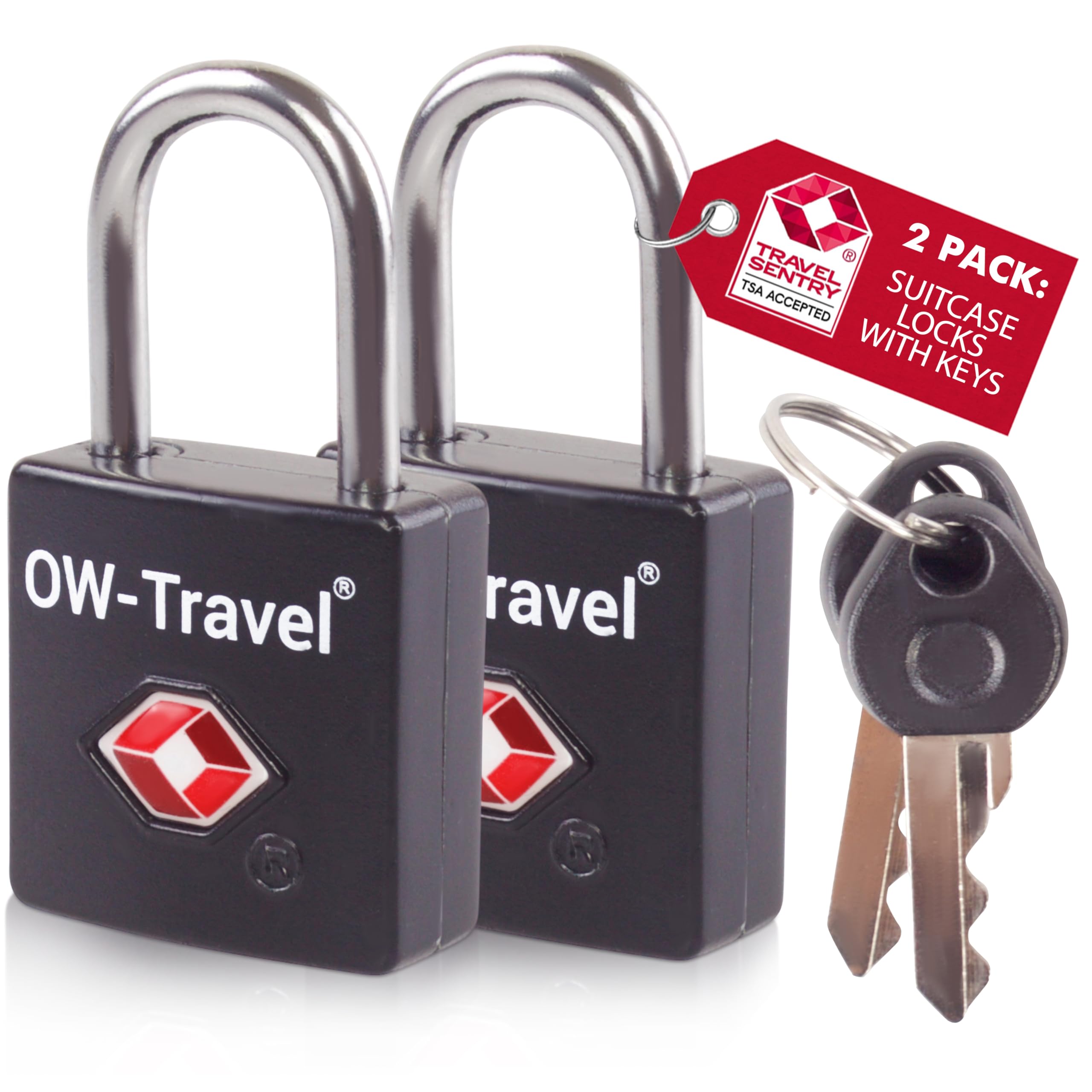 OW-Travel TSA Approved Luggage Locks Suitcase Locks with Keys (2 Pack Black) Travel Padlock Bag Small Padlock. Luggage Padlocks for Suitcases. Mini TSA Suitcase Padlocks with Keys for Bags and Cases