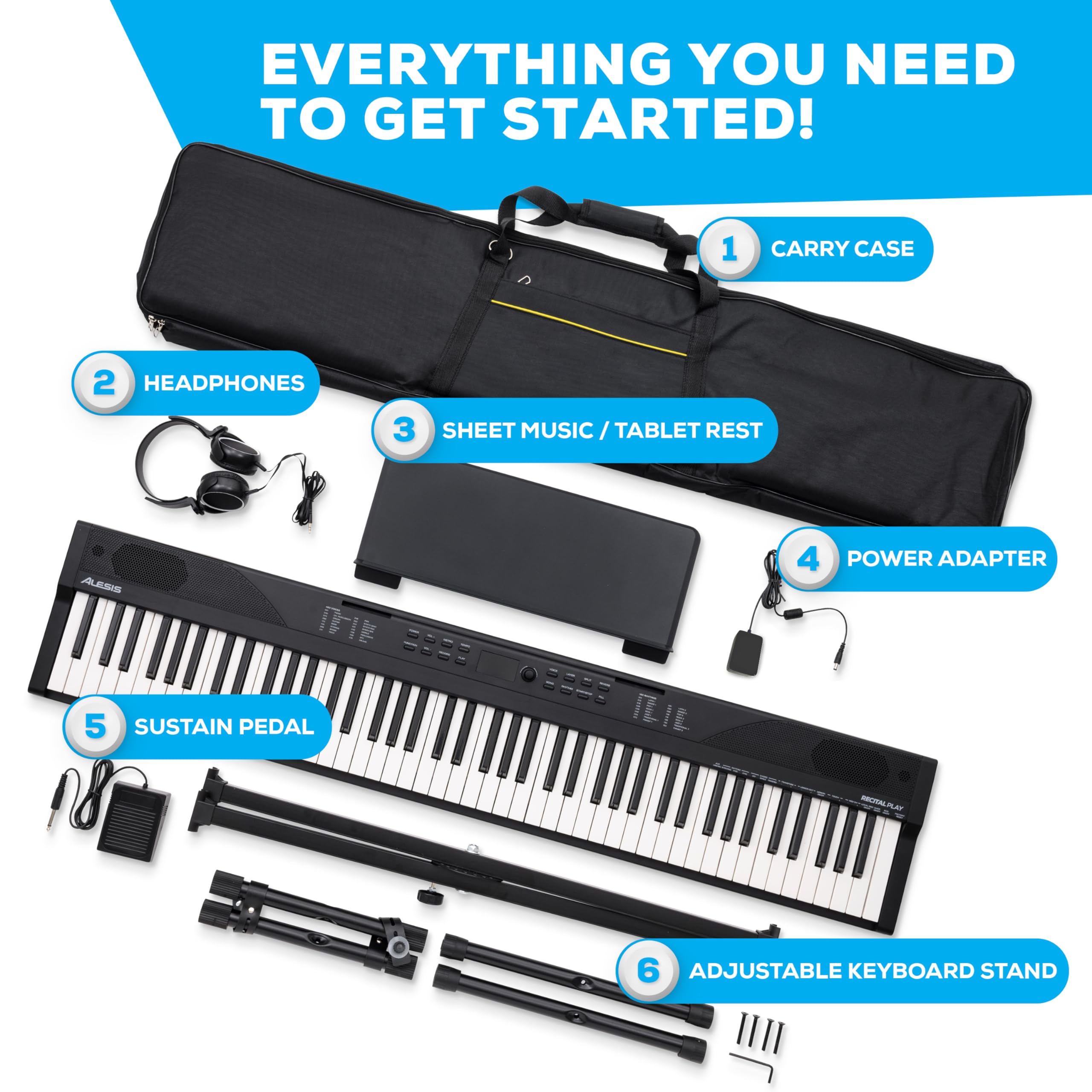 Alesis Piano con Teclado de 88 Teclas con 480 Sonidos, Altavoces, USB MIDI, Bolsa de Transporte, Soporte, Auriculares, Pedal y Lecciones de Piano para Principiantes