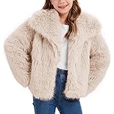 Flygo Girls Faux Fur Coat Kids Fluffy Long Sleeve Lapel Collar Open Front Jacket Warm Winter Shaggy Outwear with Pockets