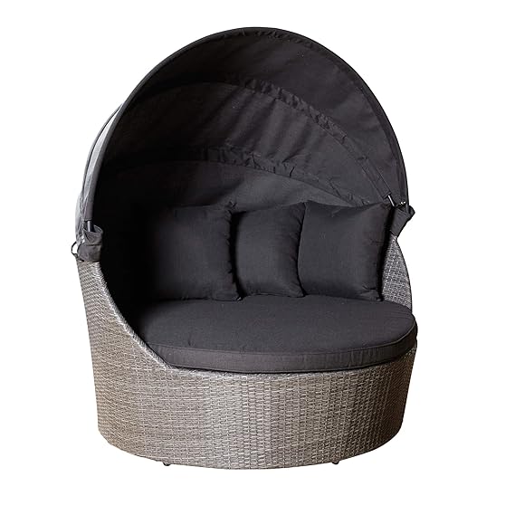 Strandkorb aus Poly Rattan grau meliert für Ihre Terrasse, Garten oder Balkon mit praktischem Faltdach in anthrazit