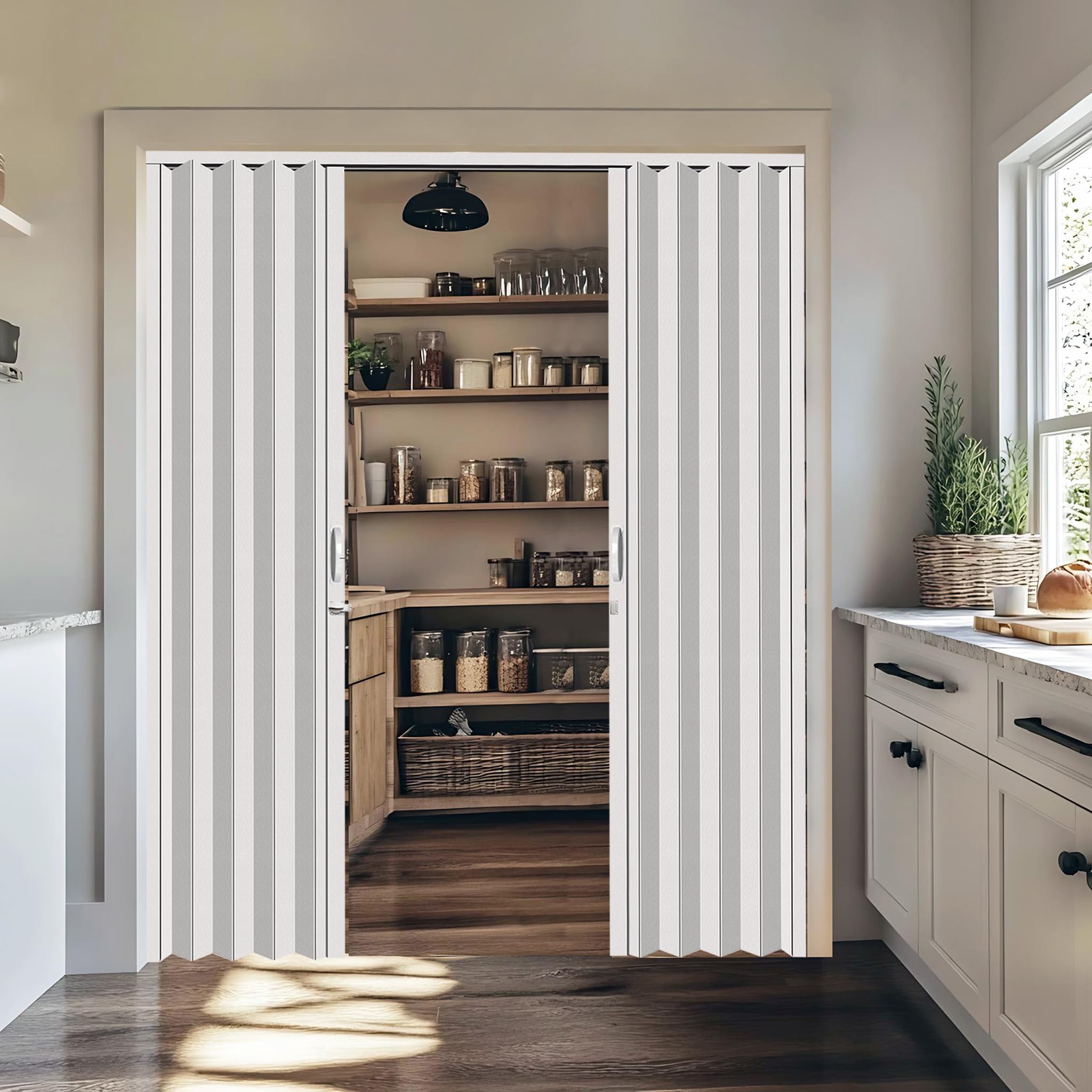 Photo 1 of **MISSING HARDWARE. DIRT. SCRATCHES**DIYHD 72X80in White PVC Accordion Door, Interior Folding Closet Door with Handle, Latch, and Mounting Hardware, Bi-Fold Design, Middle Closure