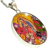 Virgin Mary Necklace Lady of Guadalupe Pendant Mary Medal Pressed Flower 925 Sterling Silver with 20" Stainless Steel Chain Medalla Virgen Maria Catholic Religious Mexico Jewelry -Handmade by Mexican
