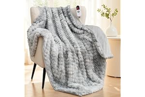 CURECURE Heated Throw Blanket 50"x60", Tie-Dye Electric Blanket with 3D Hydrangea, Luxury Faux Rabbit Fur&Soft Flannel, 6 Heat Settings, 1-4H Timer, Soft Heated Blanket for Couch, Machine Washable, Gift, Blue