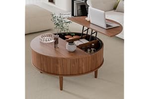 BOWENIOG Round Fluted Lift Top Coffee Table with Storage, Mid Century Modern Coffee Table for Living Room, Home Small Space,31.5" Fluted Center Table (Walnut, 31.5inch)