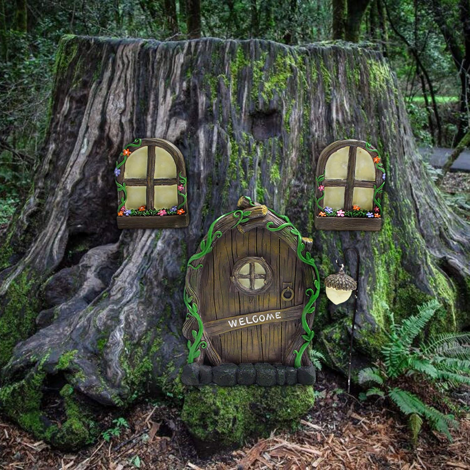 Miniature Fairy Door for Trees, Resin Fairy Gnome Home Door and Windows Kit, Glow in The Dark Tree Face Decor, Outdoor Luminous Sculpture Garden Peeker, Yard Art Ornament Decor for 2021 Halloween (A)