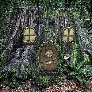 Miniature Fairy Door for Trees, Resin Fairy Gnome Home Door and Windows Kit, Glow in The Dark Tree Face Decor, Outdoor Luminous Sculpture Garden Peeker, Yard Art Ornament Decor for 2021 Halloween (A)