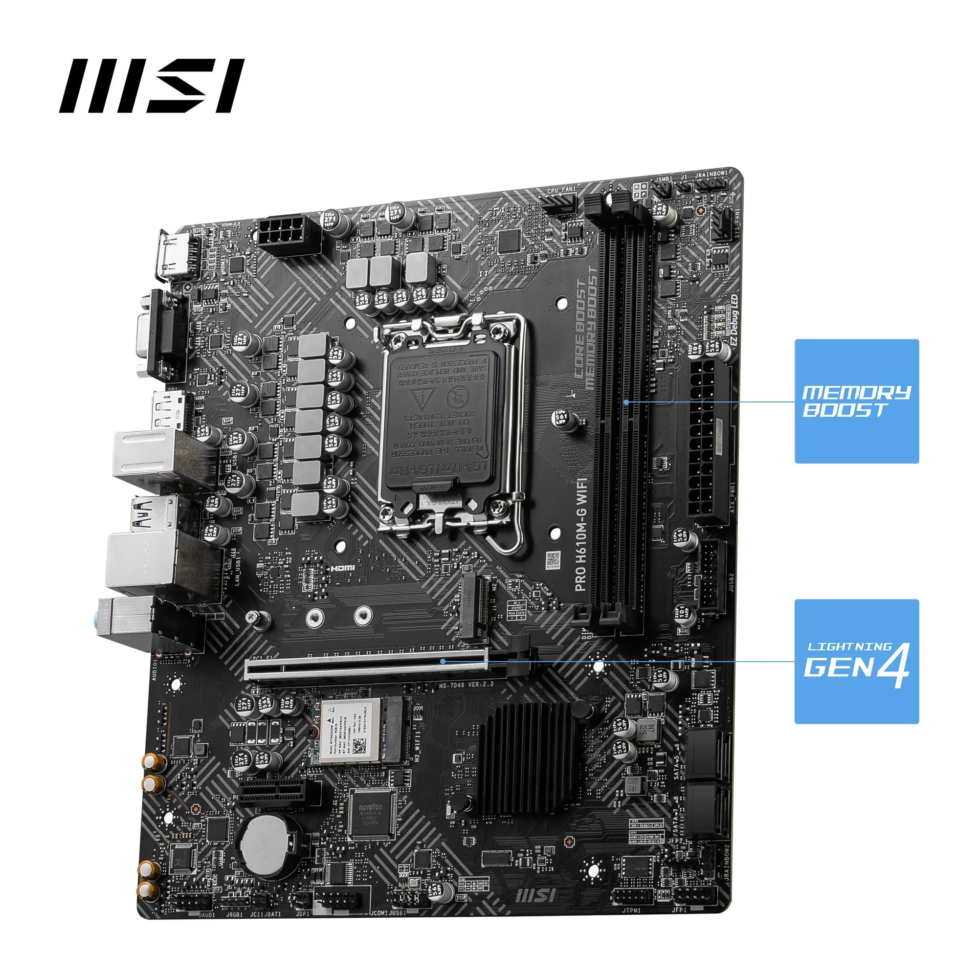 msi PRO H610M-G WiFi Motherboard, Micro-ATX - Supports Intel Core 14th, 13th and 12th Gen Processors, LGA 1700 - DDR5 Memory Boost 5600MHz/MAX, PCIe 4.0 x16 Slot, M.2 Gen3 Slot, Wi-Fi 6E, BT 5.3