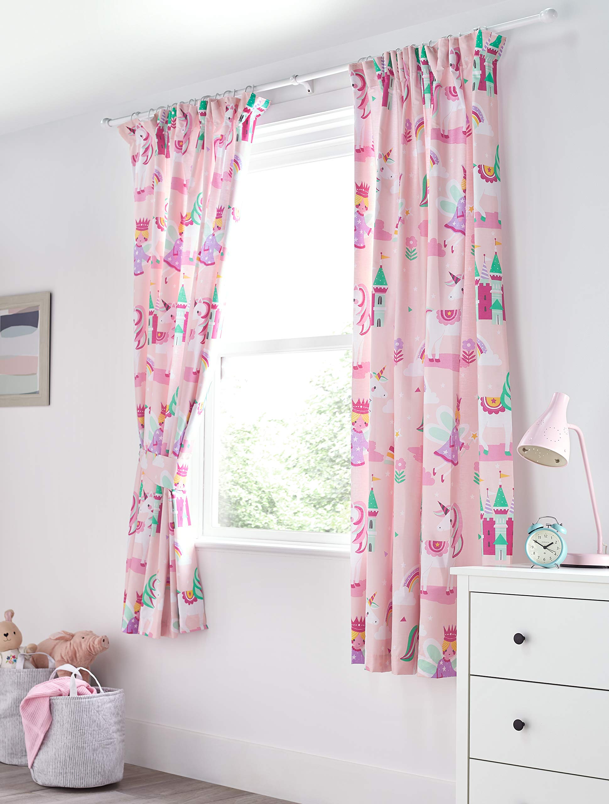 Bloomsbury Mill - Kids Curtains for Girls Bedroom - Unicorn, Rainbow & Princess - Lined Curtain Pair with Tiebacks - Pink Nursery Curtains for Childrens Baby Room - 66X72 inch drop (168x183cm) — image 1