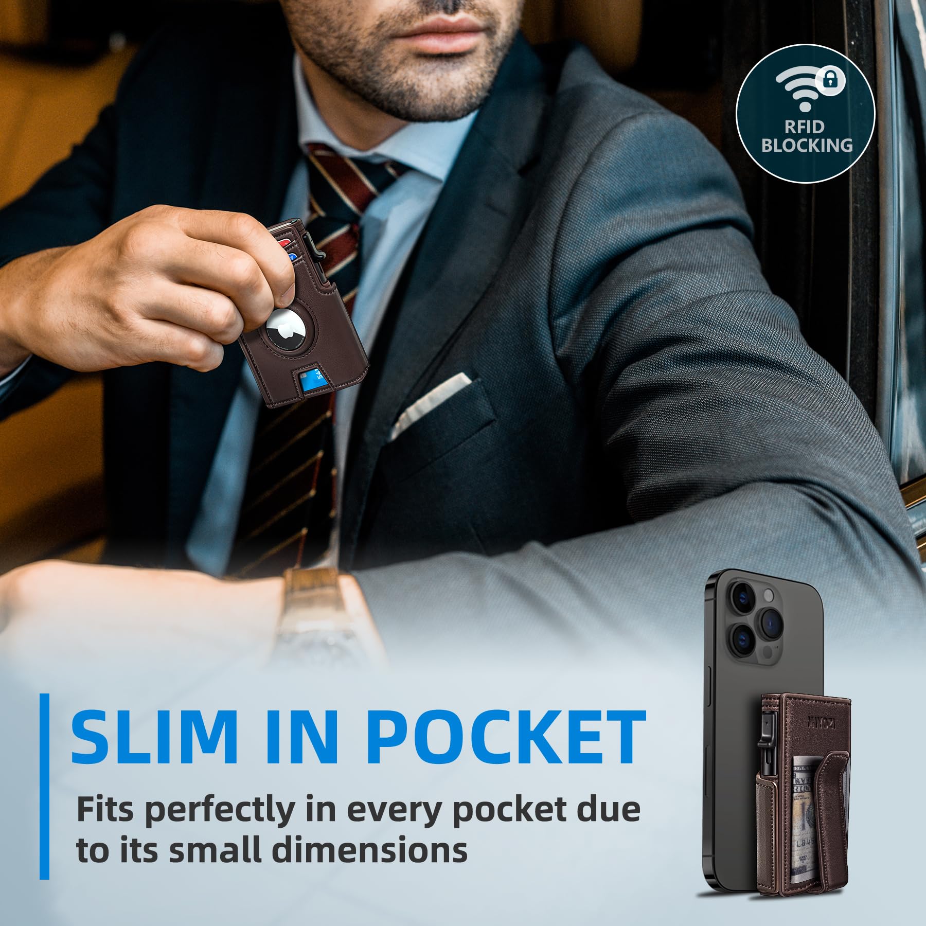 Airtag Wallet for Men,with Money Clip 10 Cards Metal Case Smart Slim Pop Up Credit Card Holder Flip with Magnetic Closure RFID Blocking wallet with Gift Box