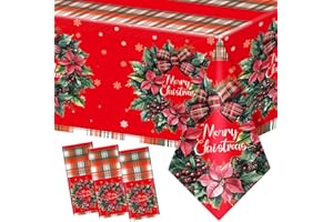 WAHA-GG Plastic Christmas Tablecloth 54x108 Inch 3-Piece Set,Disposable Festive Red Poinsettia Pattern Holiday Dining Table Cloth for Christmas Party & Baby Shower Decorations