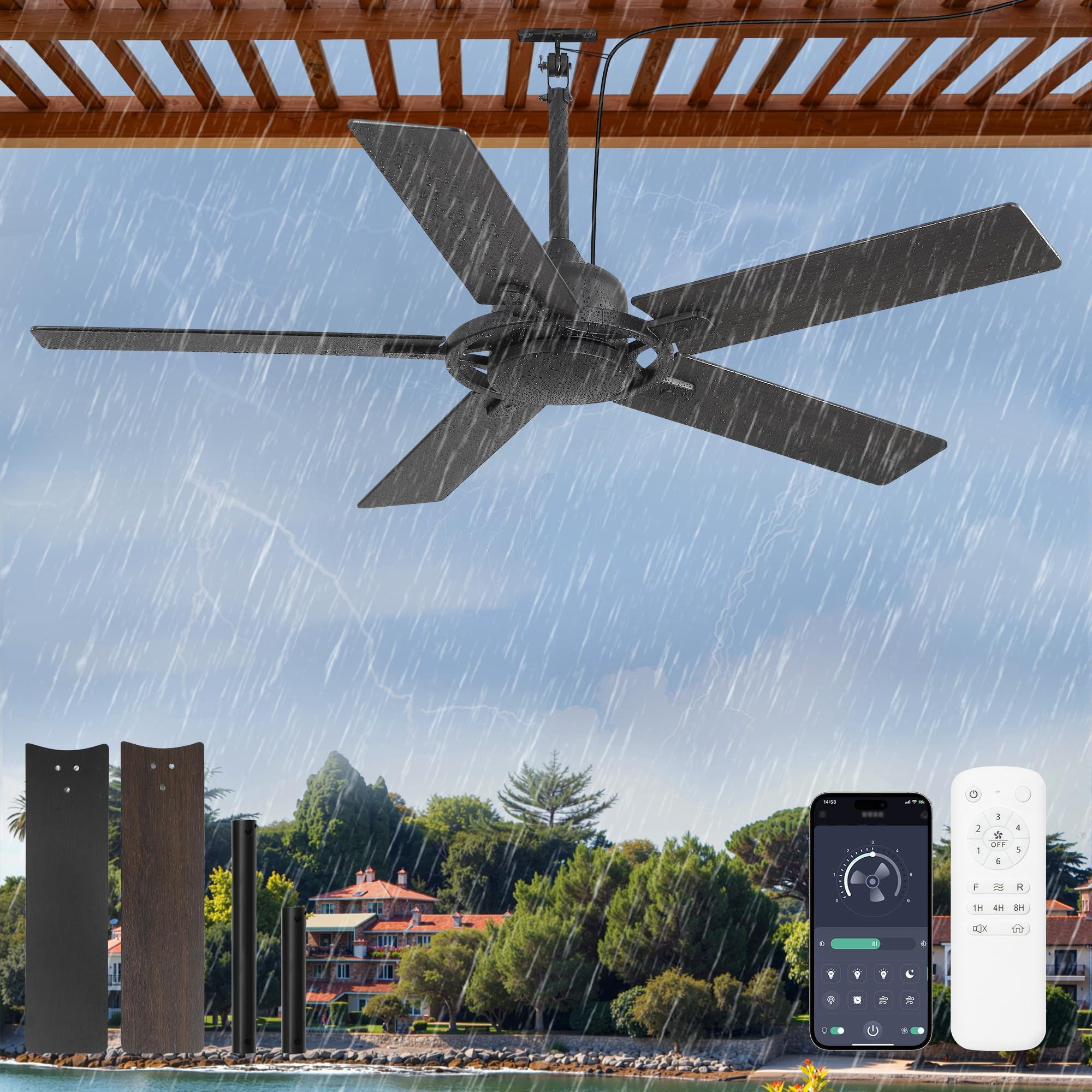 Photo 1 of (untested) Glowivia 52 Inch Outdoor Ceiling Fan without Light, Waterproof IP65 Wet-Rated, Plug-in Black Ceiling Fan No Light, Remote Control with 6-Speed DC Motor, Hanging Fans with Cord for Patio Porch Gazebo