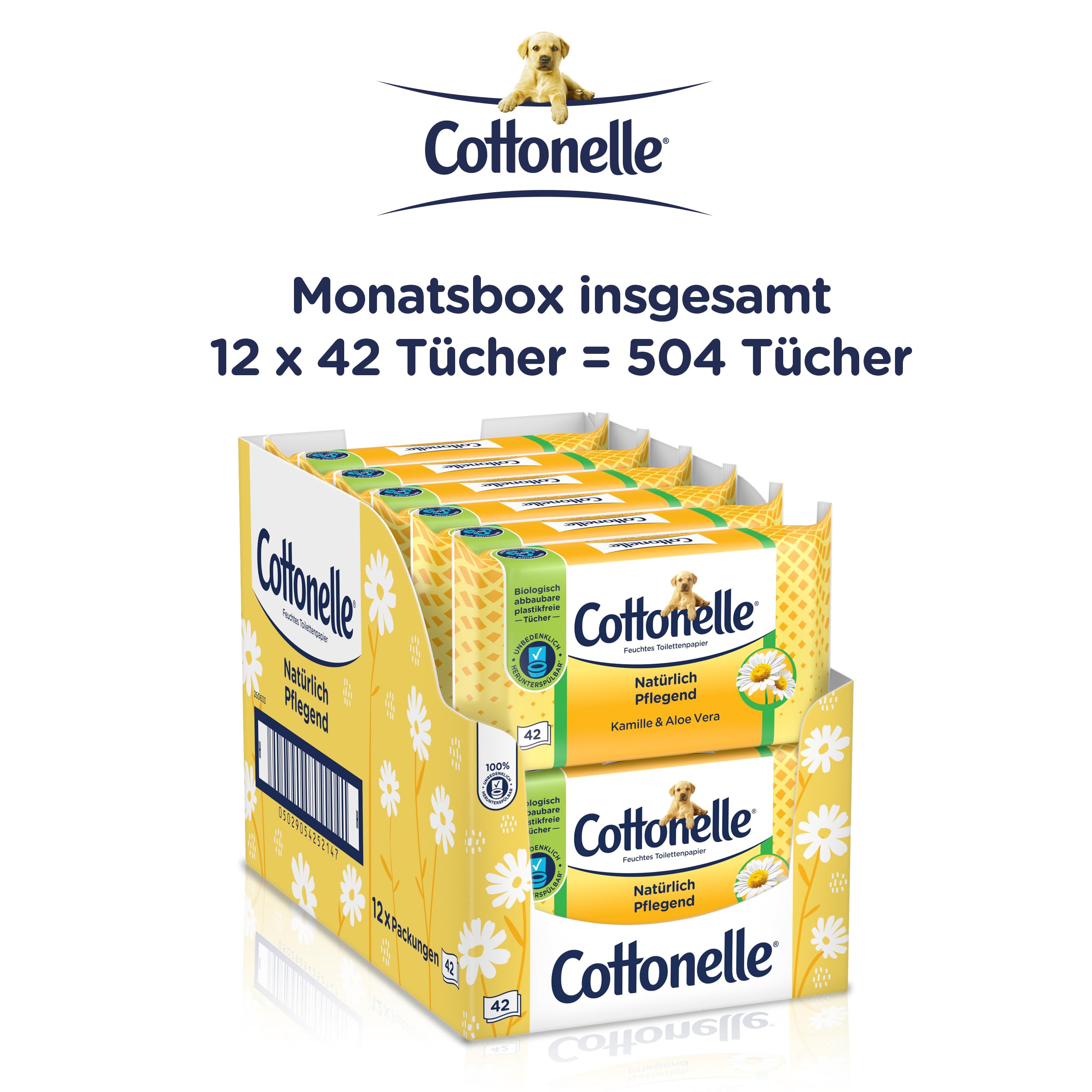 Cottonelle Feuchtes Toilettenpapier, Natürlich Pflegend - Kamille & Aloe Vera, Biologisch Abbaubar, Plastikfrei, Wiederverschließbar, Vorteilspack, 12 x 42 Feuchttücher 7