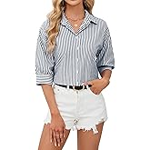 siliteelon Button Down Shirts for Women Striped Dress Shirts 3/4 Sleeve Wrinkle Free Casual Collared Blouse Office Work Shirt