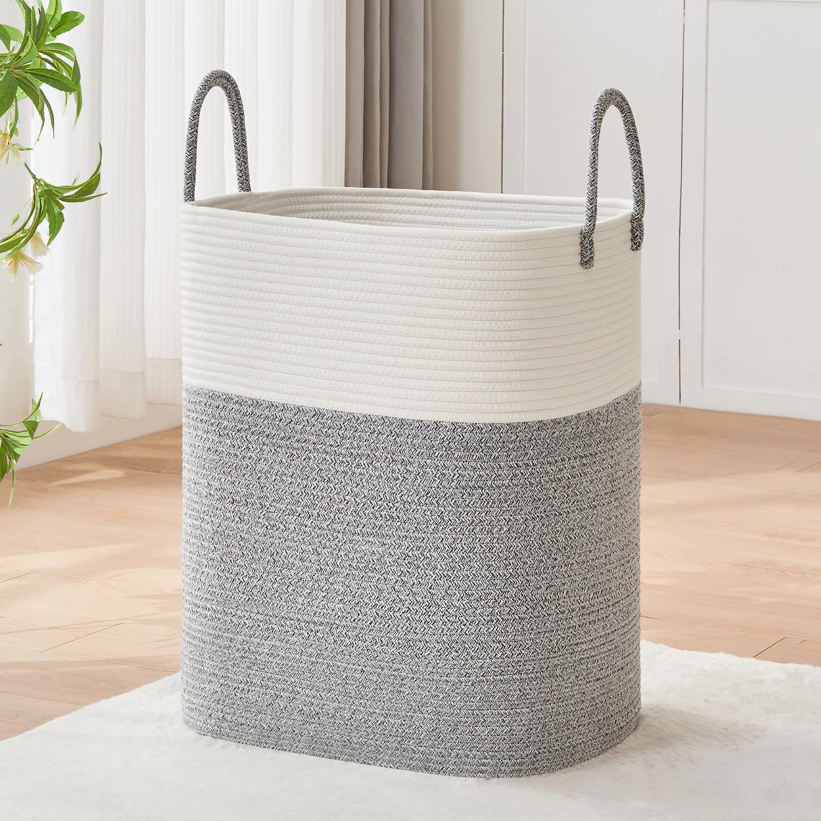 AINUOQI Laundry Basket with Handles - Blanket Basket & Hampers for Bedroom Aesthetic, Laundry Hamper & Blanket Storage for Living Room, Clothes Hamper, Tall, Large 17" x 14" x 24”, White & Grey Image