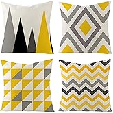 Tosewever Set of 4 Decorative Geometric Yellow Grey 18 x 18 Inches Throw Pillow Covers - Modern Pattern Linen Square Pillow Cushion Case for Sofa Couch Bed Home Decor Outdoor (18" x 18", Yellow/Gray)