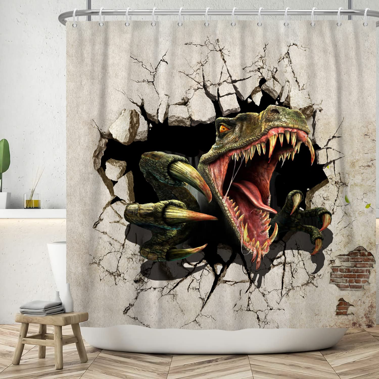ASDCXZ Funny Shower Curtain 180x180 cm, Vintage Wall Funny Dinosaur Wall Break Bath Washable Shower Curtains Polyester Textile Waterproof Bath Curtain for Bathtub with 12 Hooks