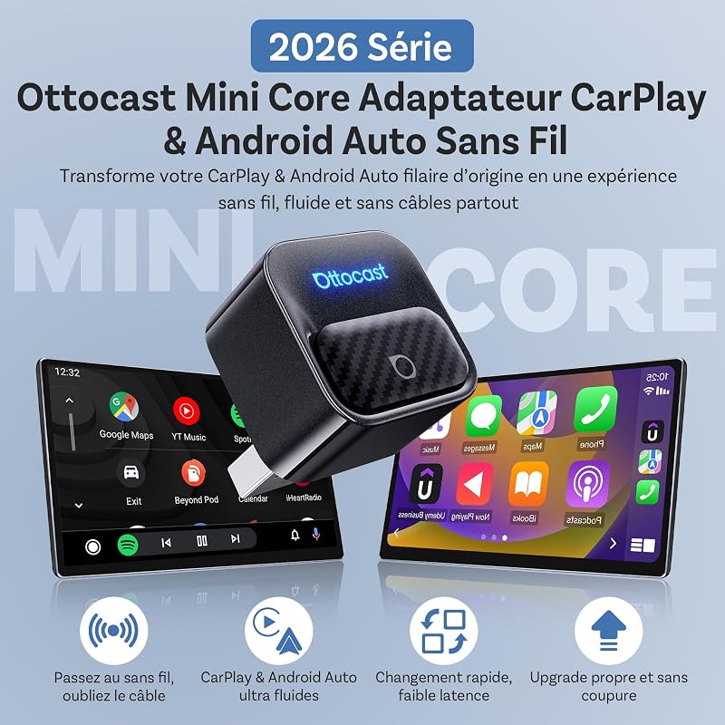 Mini Core 2-en-1 Adaptateur sans Fil CarPlay & Android Auto, Mini Dongle Voiture Cube Compact avec Bouton Smart Switch, Wi-FI 6 et Bluetooth 5.4, Connexion Automatique pour 98% des Véhicules