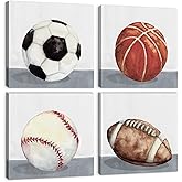 Boys Room Wall Decor Sports Decor for Boys Bedroom Rustic Soccer Football Baseball Basketball Canvas Pictures Kids Wall Art Vintage Ball Painting Nursery Playroom Artwork Home Decorations 12x12" 4 Pcs