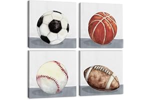 YOOOAHU Boys Room Wall Decor Sports Decor for Boys Bedroom Rustic Soccer Football Baseball Basketball Canvas Pictures Kids Wall Art Vintage Ball Painting Nursery Playroom Artwork Home Decorations 12x12" 4 Pcs
