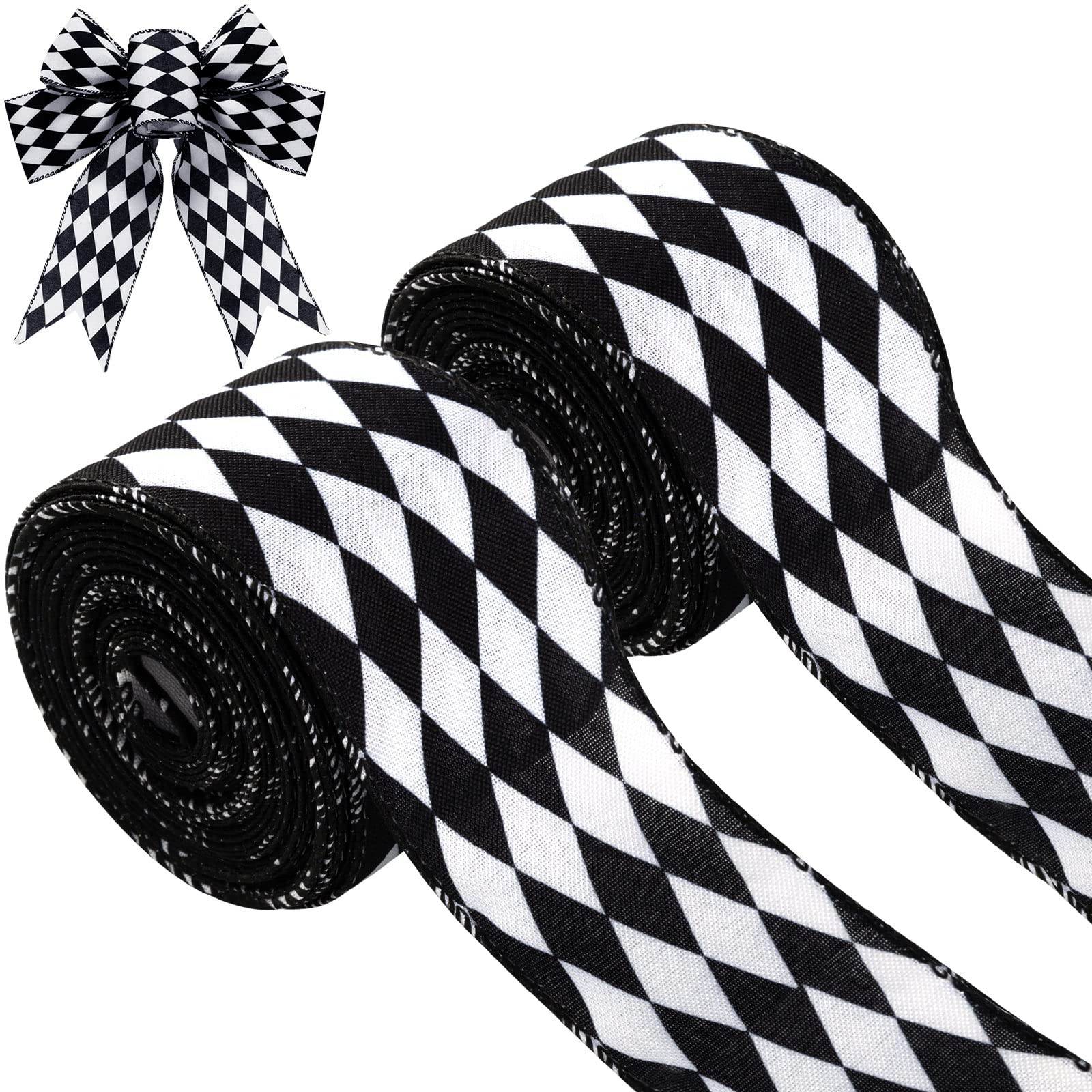 Photo 1 of 2 Rolls Christmas Checkered Ribbon Black and White Check Ribbon Diamond Check Wired Edge Ribbon Diamond Pattern Decorative Ribbons for Christmas Fall Tree Wrapping DIY Crafts (1.9 Inch)