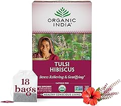 ORGANIC INDIA Tulsi Hibiscus Tea Bags - Holy Basil Herbal Tea, Stress Relieving, Immune Support, Adaptogen, USDA Certified Or