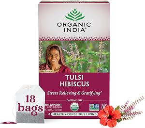 ORGANIC INDIA Tulsi Hibiscus Tea Bags, Adaptogen, 18 Infusion Bags, 1 Pack | Holy Basil Herbal Tea, Stress Relieving, Immune 