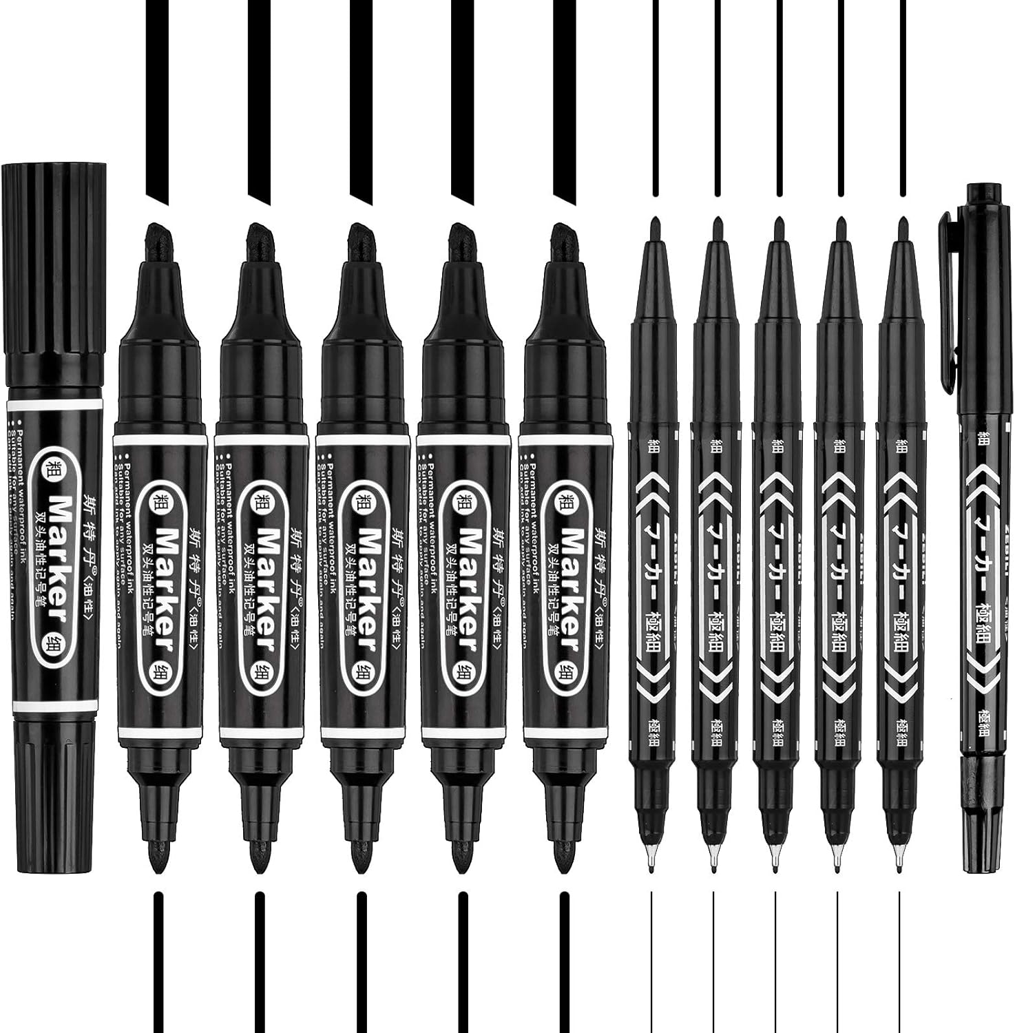 Whaline 12pcs Dual-Tip Permanent Markers 4 Sizes Marker Pen Ultra Fine Tip & Fine Tip & Chisel Tip Black Drawing Line Pen for Card Wood Glass Metal Ceramic Rock Painting Art Projects
