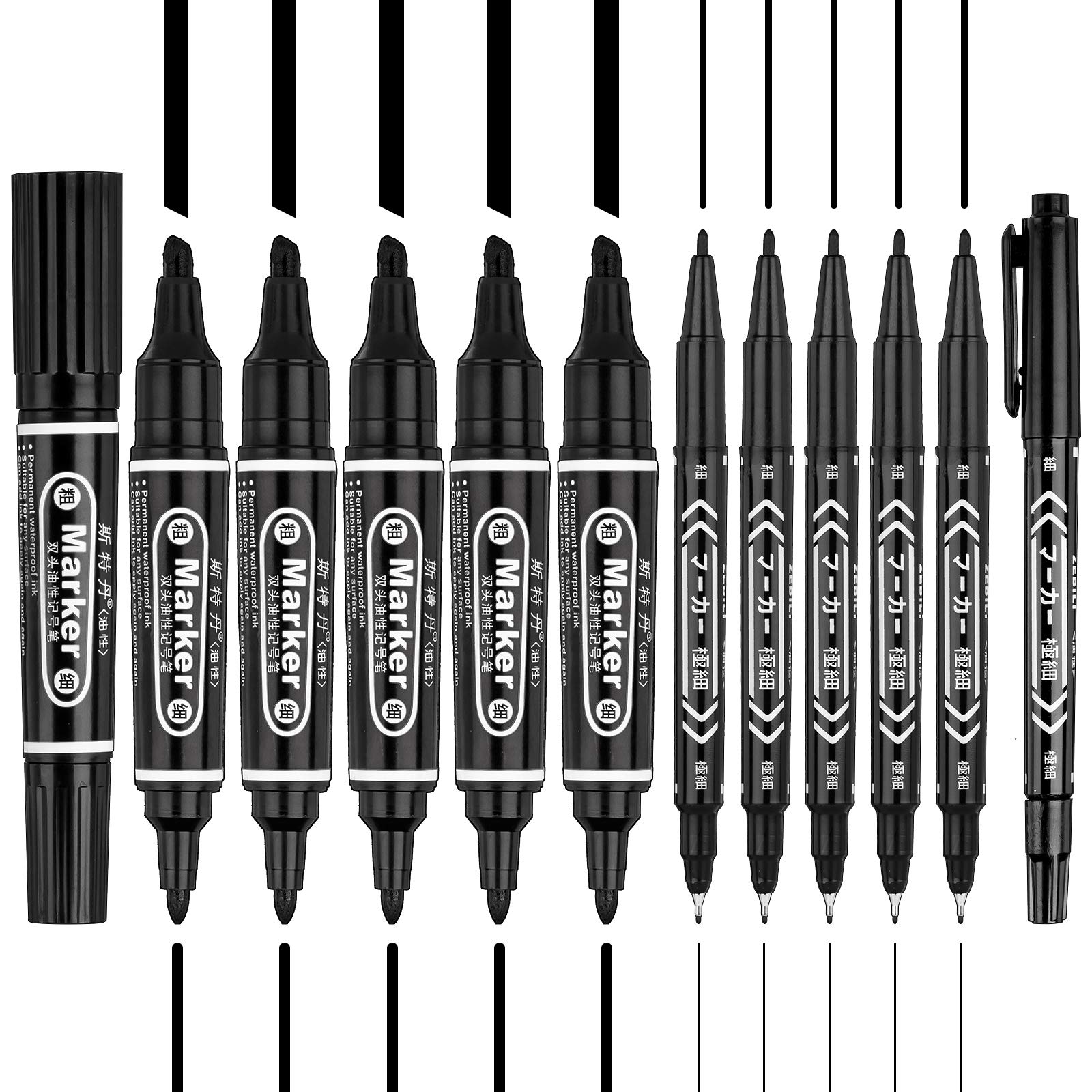 Whaline 12pcs Dual-Tip Permanent Markers 4 Sizes Marker Pen Ultra Fine Tip & Fine Tip & Chisel Tip Black Drawing Line Pen for Card Wood Glass Metal Ceramic Rock Painting Art Projects