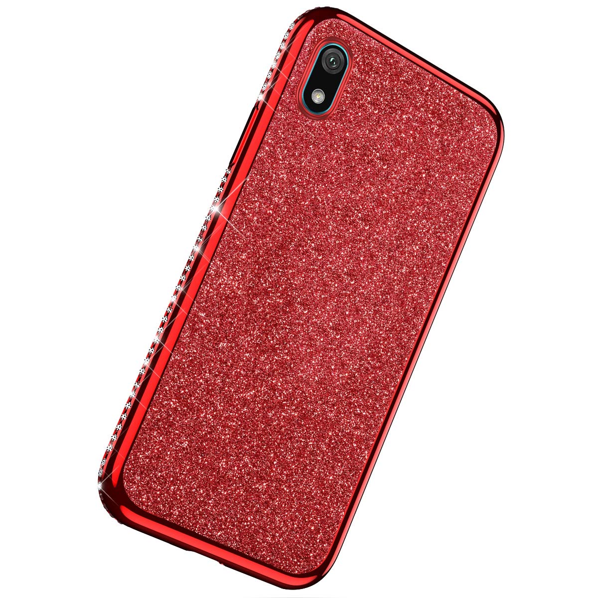 Herbests Compatible with Huawei Y5 2019 Case Glitter Cute Girl Women Bling Crystal Diamond Rhinestone Clear Protective Phone Case Cover Shockproof TPU Rubber Silicone Cover,Red