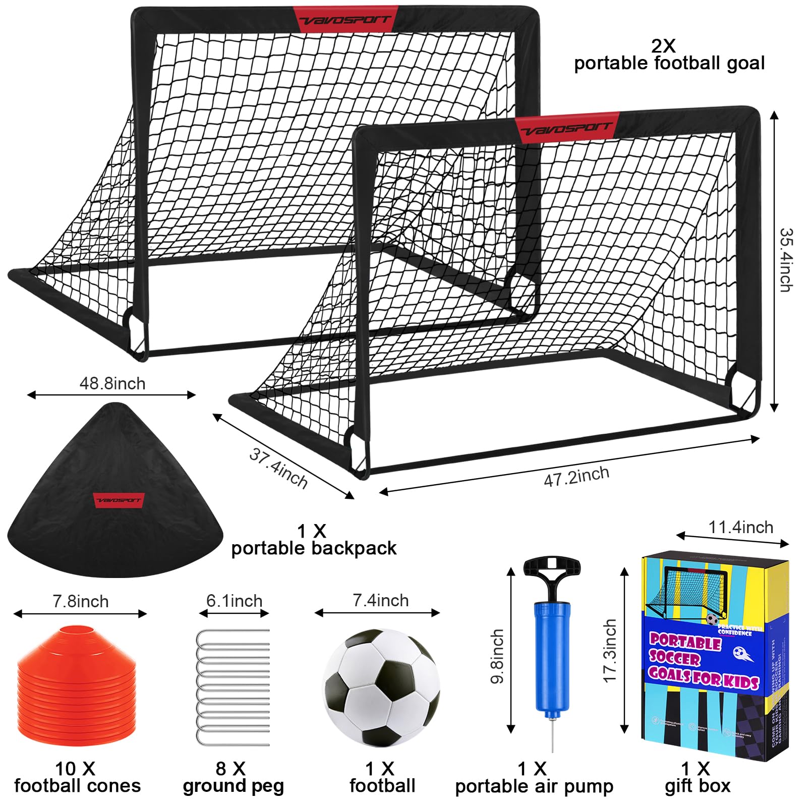 VAVOSPORT Fussballtore für Garten Kinder Tor Gate: Fußball Trainingsset mit Pop-Up 2er Set faltbar für Indoor/Outdoor Spiele für Kinder | Inklusive Fußball Größe 3 Hütchen 10 und Ballpumpe 2