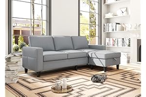 ZeeFu Convertible Sectional Sofa Couch,Modern Light Grey Linen 3 Seat L-Shaped Sectional Sofa Couch Furniture with Storage Reversible Ottoman and Pockets for Living Room Office Apartment Small Space